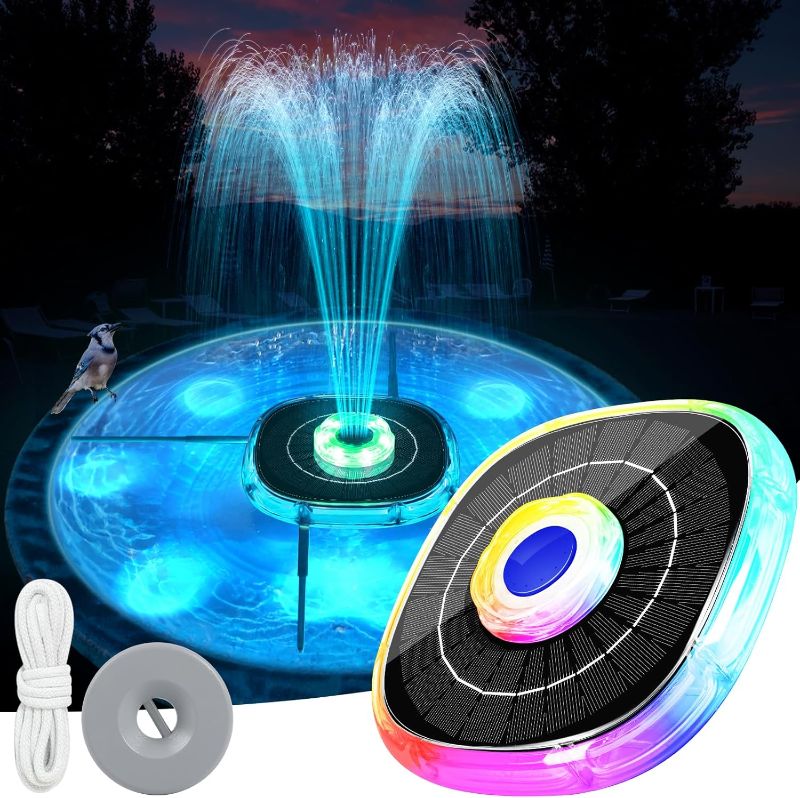 Photo 1 of Solar Fountains with Lights, 2025 Upgrade Solar Bird Bath Fountain Pump, Floating Solar Powered Water Fountain Outdoor, 4000mAh Battery Solar Birdbath Fountains for Pool,Pond,Garden-Blue