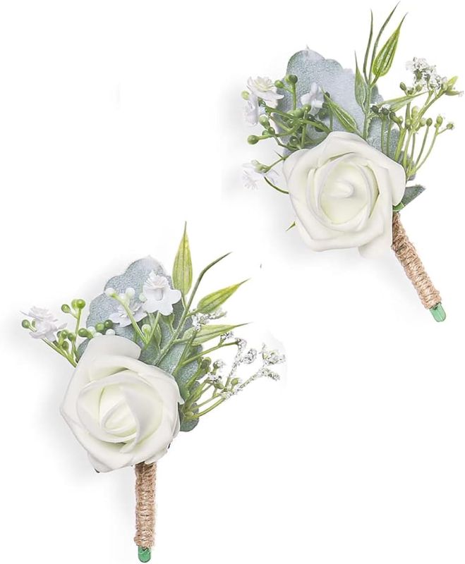 Photo 1 of Ivory Rose Boutonnieres for Men Wedding Groom and Groomsmen White Boutonniere for Rustic Fall Vintage Wedding Prom Set of 2