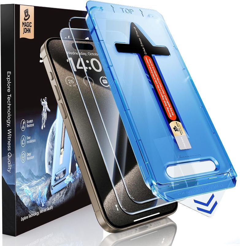 Photo 1 of MAGIC JOHN 2 Pack for iPhone 15 Pro Max 6.7 inch Tempered Glass Screen Protector, Auto Dust-Elimination Installation, Bubble Free, Dynamic Island Compatible, HD Clear, Easy Installation