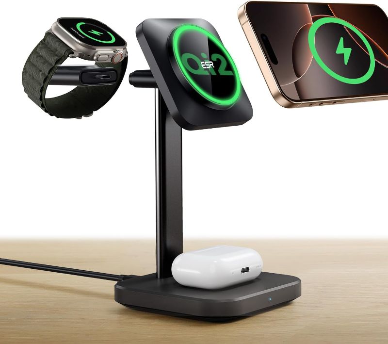 Photo 1 of ESR Qi2 3 in 1 Wireless Charging Station, [Certified] Apple Watch Charger & 15W Qi2 MagSafe Charger Stand for iPhone, Wireless Charger for Multiple Devices iPhone 16/15/14/13&Watch&AirPods,Black