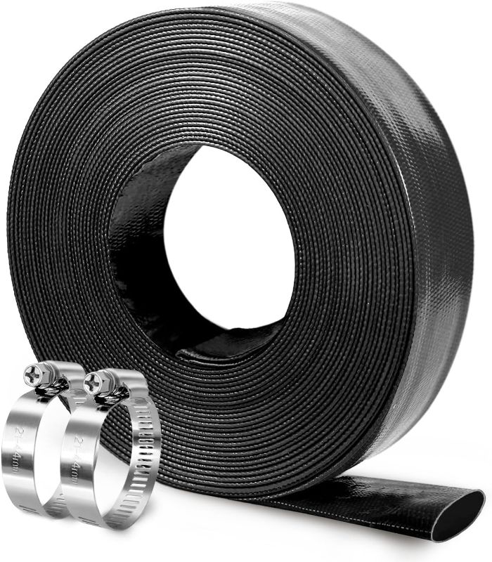 Photo 1 of Foresee 1.25 in x 25 ft Backwash Discharge Hose Heavy Duty Reinforced, PVC Lay-Flat Water Hose with Dual Clamps, for Swimming Pool Pipe, Pump, Water Transfer, Garden Irrigation Black