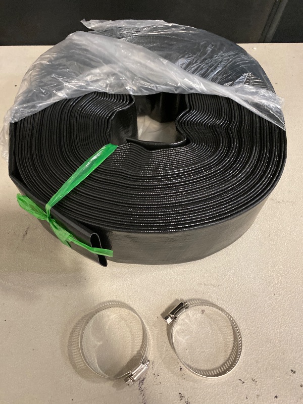Photo 1 of Foresee 1.25 in x 25 ft Backwash Discharge Hose Heavy Duty Reinforced, PVC Lay-Flat Water Hose with Dual Clamps, for Swimming Pool Pipe, Pump, Water Transfer, Garden Irrigation Black