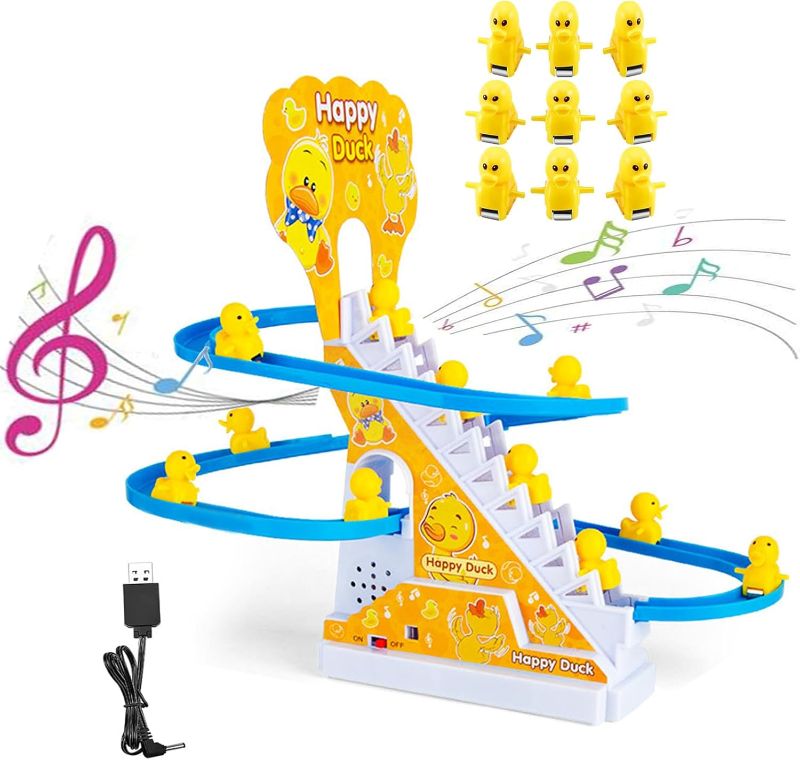 Photo 1 of Small Ducks Climbing Toys, Electric Llittle Duck Climbing Stairs Toy, Funny Duck Roller Coaster Track Toy with 9 Duck LED Lights & Music Button, Small Duck Slide Toy for Toddlers Kids and Baby