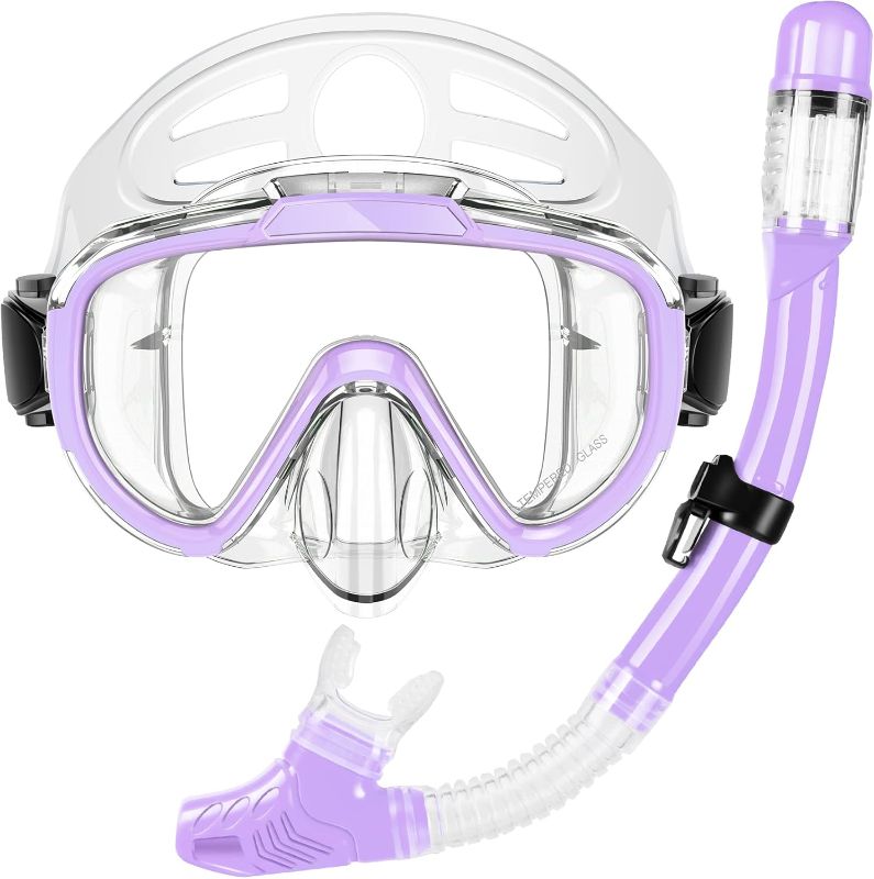 Photo 1 of Snorkeling Gear for Adults, Dry Top Snorkel Set with Panoramic Anti-Leak and Anti-Fog Tempered Glass Lens, Adjustable Snorkeling Set for Scuba Diving Swimming Training Snorkel Kit