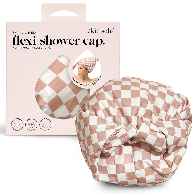 Photo 1 of Luxury Shower Caps for Women Reusable Waterproof - Flexi Satin Lined, Large Wide Shower Cap for Women & Men, Adjustable, Stylish Hair Cap for Shower, For Long & Short Hair - Terracotta Checker