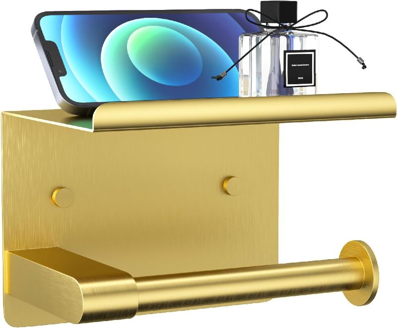 Photo 1 of Brushed Gold Toilet Paper Holder Wall Mount, Fits Mega Rolls Size Rustproof Self Adhesive Brushed Brass Toilet Paper Holder Gold with Shelf