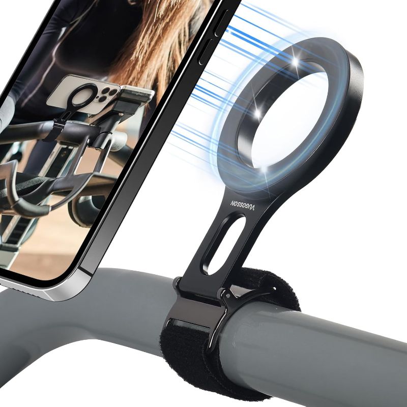 Photo 1 of Magnetic Phone Holder for Stroller Bar, Compatible with MagSafe (Strong Magnet) - 180° Adjustable for Gym, Home Fitness Bikes, Shopping Cart, with Adjustable Strap, All Phone (Magnetic Ring Included)