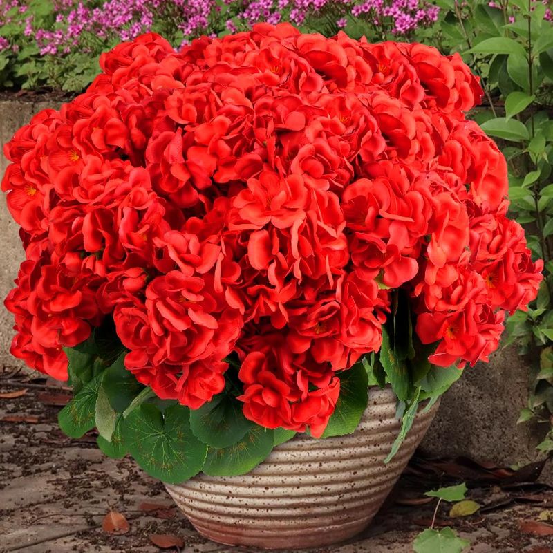 Photo 1 of 6 Bundles Artificial Flowers for Outdoors, Faux Geraniums Artificial Flowers Realistic, Faux Plants Outdoor UV Resistant for Garden Patio Porch Window Box Home Indoor Outdoor Decor (6, Red)