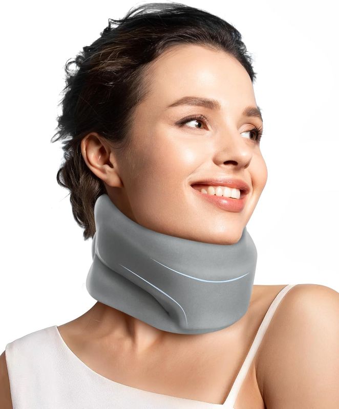 Photo 1 of Neck Brace Cervical Collar - Neck Support Brace for Sleeping, Soft Foam Wraps Keep Vertebrae Stable and Aligned for Relief of Cervical Spine Pressure for Women & Men, (12.6-15.8 Inch) Grey