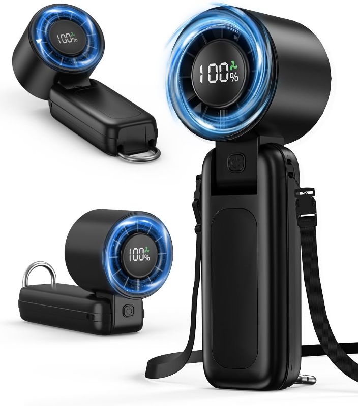 Photo 1 of 4 in 1 Handheld Portable Turbo Fan, 180° Foldable 6-Speed (1-100) Mini Fan, 5000mAh Rechargeable Battery Operated up to 15 Working Hours, LED Display Personal Cooling for Travel Indoor Outdoor Black