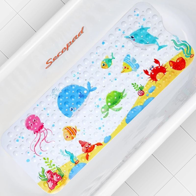 Photo 1 of Baby Bath Mat for Tub for Kids, 40in x 16in Non Slip Cartoon Bath Tub Shower Mat Anti Slip with Drain Holes and Suction Cups Machine Washable, Little Whale