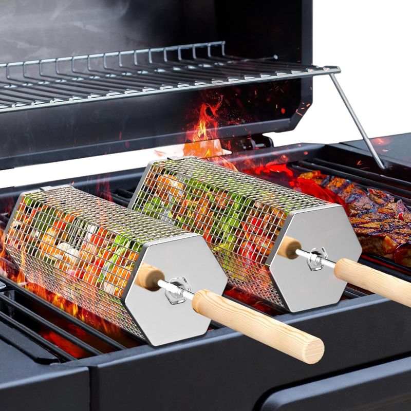 Photo 1 of Rolling Grill Baskets (2PCS, Hexagon), Removable Wooden Handle, 304 Stainless Steel, Nesting Grilling Net, BBQ Accessories Tools for Vegetables Shrimp, Outdoor Cooking Camping, Birthday Gifts for Men Dad Husband