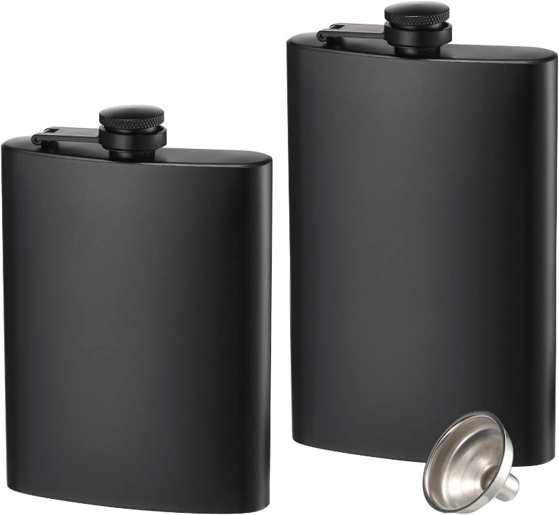 Photo 1 of 2 Pack Hip Flasks for Liquor, 8 Oz & 12 Oz Stainless Steel Leakproof Thin Flasks with Funnel for Men & Women (Matte Black)