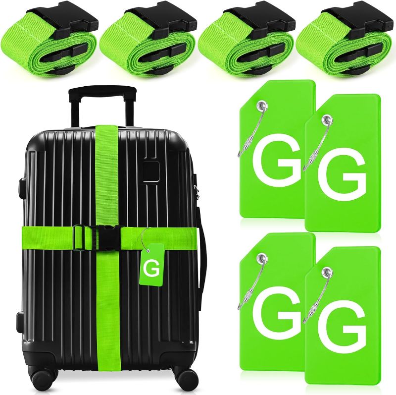 Photo 1 of 8 Pcs Green Luggage Straps A-Z Initial Luggage Tags Set, 6.5 ft Adjustable Travel Suitcase Belts with Letter Suitcase Tags, Silicone Suitcase Tags with Name Card Man Women(Letter G)
