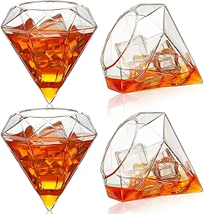 Photo 1 of 4 Pcs Diamond Wine Glasses Tilted Whiskey Glasses Stemless Wine Glasses Diamond Whiskey Glasses for Housewarming, Birthday
