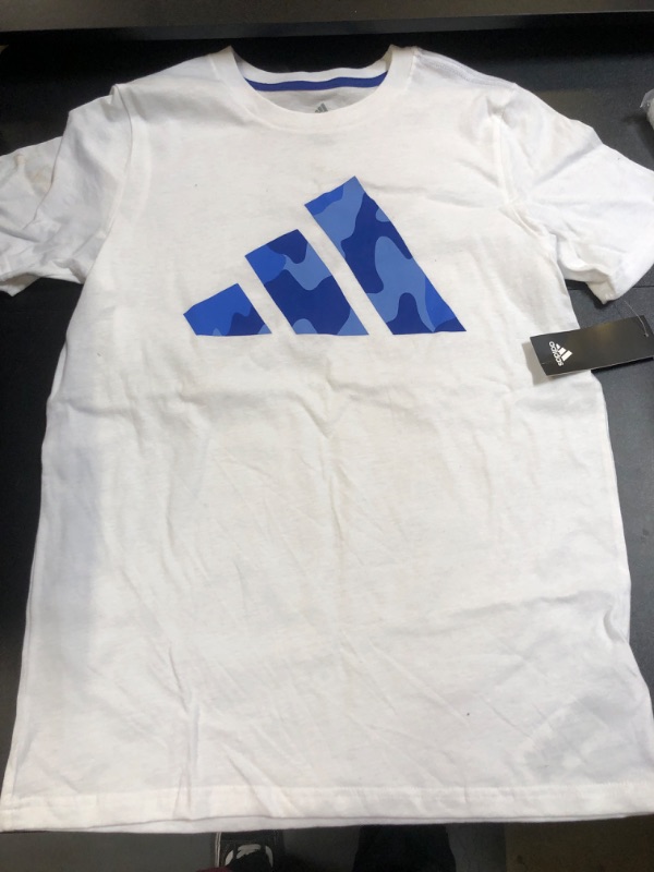 Photo 2 of Adidas Kids Short Sleeve Camo Logo - Tee (Big Kids) (White Bright/Blue) Boy's Clothing Large 