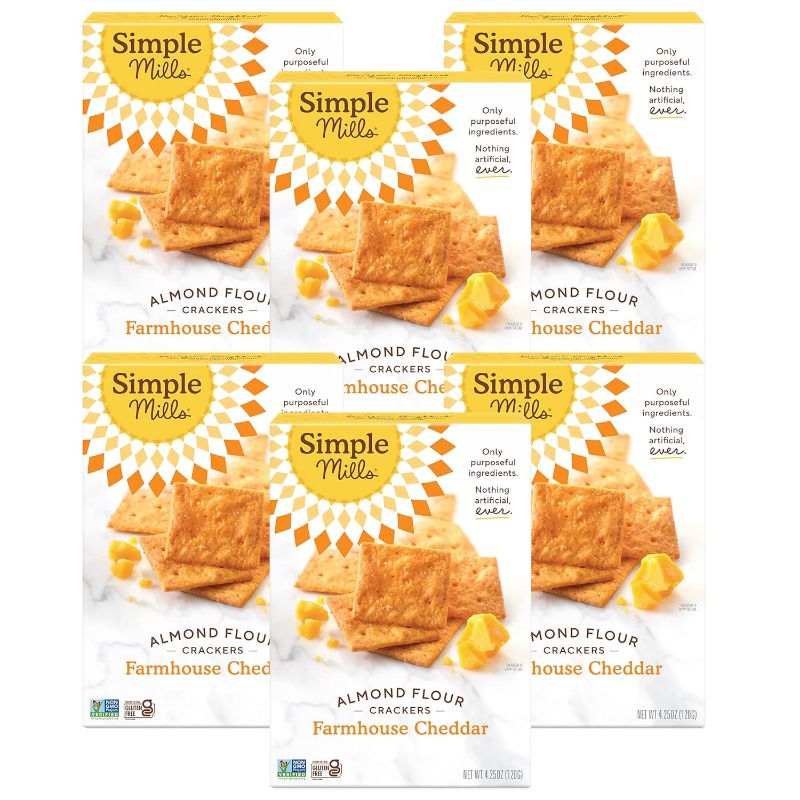 Photo 1 of Simple Mills Almond Flour Crackers, Farmhouse Cheddar - Gluten Free, Healthy Snacks, 4.25 Ounce (Pack of 6) (BB 04/16/2024)
