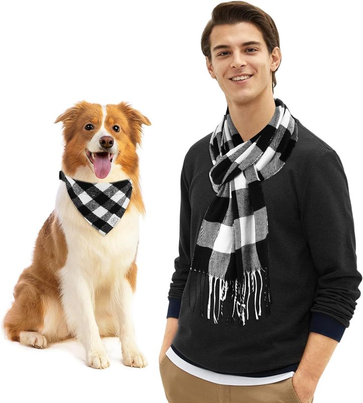 Photo 1 of E-Clover Matching Dog and Owner Set-Dog Bandana Collar & Matching Scarf Girl Boy Adjustable Dog Collars for Small Medium Dogs Owner Dad Gift Black White Buffalo Plaid
