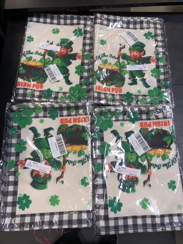 Photo 2 of (PACK OF 4) St Patricks Day Placemats, 12x18 Inches Set of 4, Buffalo Plaid Gnome Shamrock Seasonal Spring Green Burlap Table Mats for Kitchen Dining Farmhouse Home Party Decorations Decor Square