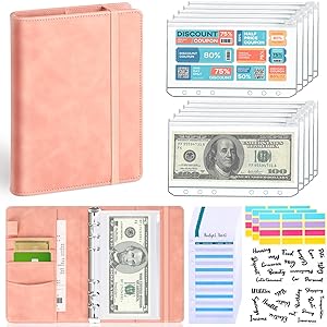 Photo 1 of LINTRU Budget Binder with Zipper Envelopes, Budget Book with Cash Envelopes, Premium Pu Leather A6 Binder with Expense Budget Sheets and Stickers, Savings Binder for Budgeting (Pink)
