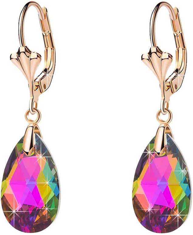 Photo 1 of Austrian Crystal Teardrop Leverback Dangle Earrings for Women Fashion 14K Gold Plated Hypoallergenic Jewelry
