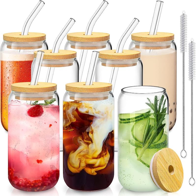 Photo 1 of 8 Pcs Drinking Glasses with Bamboo Lids and Glass Straw - 16 Oz Can Shaped Glass Cups Beer, Ice Coffee Glasses Cute Tumbler Cup Great for Soda Boba Tea Cocktail Include 2 Cleaning Brushes
