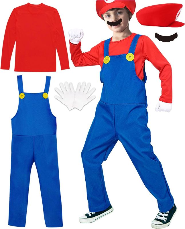 Photo 1 of CONGRU Plumber Costume for Kids-Plumber Costume for Boys Halloween Cosplay Jumpsuit with Hat Mustache Gloves
