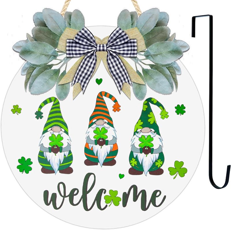 Photo 1 of 12inch Welcome Sign Wreath for Front Door Gnomes Hanging Wooden Door Sign with Gnomes Shamrock +15" Wreath Hanger for Home Mantel Farmhouse Decor (White)

