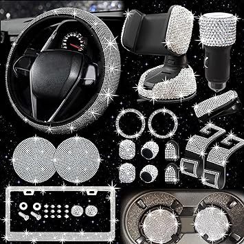 Photo 1 of 17 Pack Bling Car Accessories Set, Bling Car Steering Wheel Cover Universal Fit 15 inch, Bling License Plate Frame, Bling Car USB Fast Charger, Crystal Car Decor Set for Interior (White)
