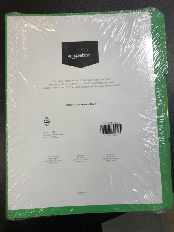 Photo 2 of Amazon Basics File Folders, Letter Size, 1/3 Cut Tab, Bright Green, 36-Pack