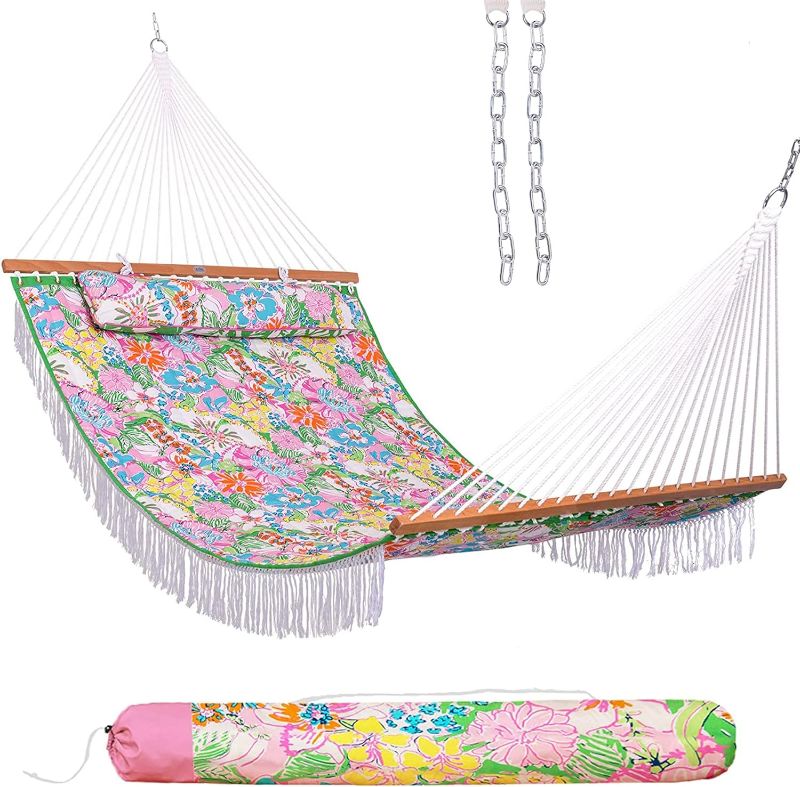 Photo 1 of Lazy Daze Hammocks 12 FT Double Layered Quilted Fabric Hammock Swing with Pillow and Carrying Bag, Elegant Tassels and Spread Bar Heavy Duty Stylish for Two Person, Floral
