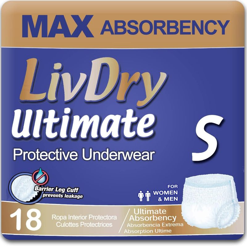 Photo 1 of LivDry Ultimate Adult Incontinence Underwear, High Absorbency, Leak Cuff Protection, Small, 18-Pack
