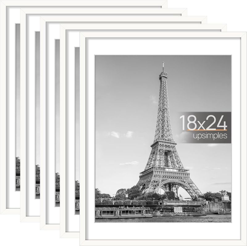 Photo 1 of upsimples 18x24 Picture Frame Set of 5, Display Pictures 16x20 with Mat or 18x24 Without Mat, Wall Gallery Photo Frames, White

