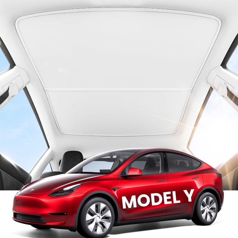 Photo 1 of REEVAA 2024 Newest Tesla Model Y Sunshade Roof [No-Sagging, No Gaps] Magnetic-Mid Design Tesla Model Y Accessories Heat Insulation Foldable Glass SunShade for Model Y 2020-2024- 2PCS, Gen 3 White Grey

