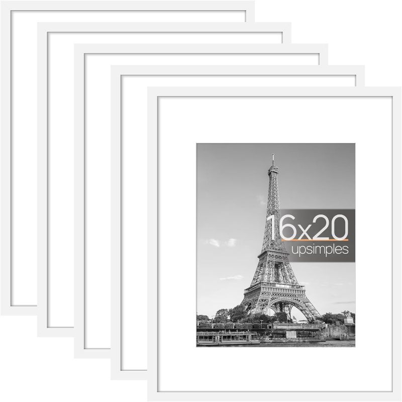 Photo 1 of upsimples 16x20 Picture Frame Set of 5, Display Pictures 11x14 with Mat or 16x20 Without Mat, Wall Gallery Poster Frames, White, {{2 frames missing}}
