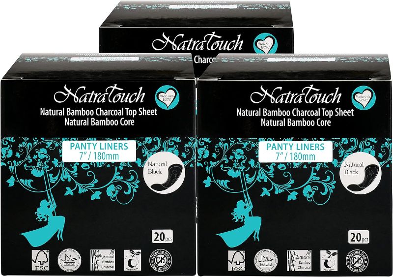 Photo 1 of NATRATOUCH ~ COMPOSTABLE ~ Natural Bamboo Charcoal (PANTYLINER- 3 Pack Total 60 Liners)
