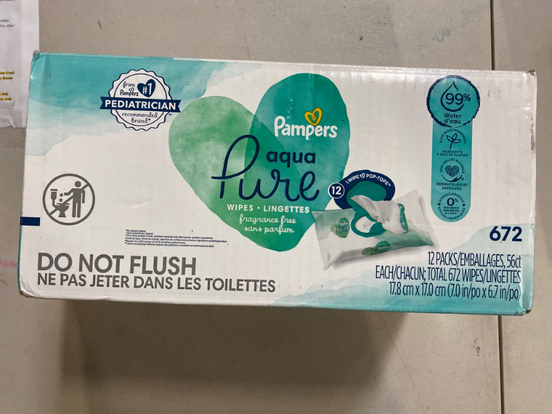 Photo 2 of Pampers Aqua Pure Sensitive Baby Wipes, 99% Water, Hypoallergenic, Unscented, 12 Flip-Top Packs (672 Wipes Total)
