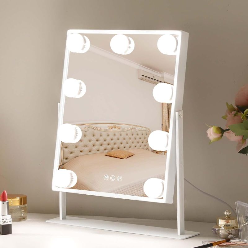 Photo 1 of Leishe Vanity Mirror with Lights Hollywood Lighted Makeup Mirror with 9 Dimmable Bulbs & 3 Color Lighting Modes, Detachable 10X Magnification Mirror and 360 Degree Rotation(White)
