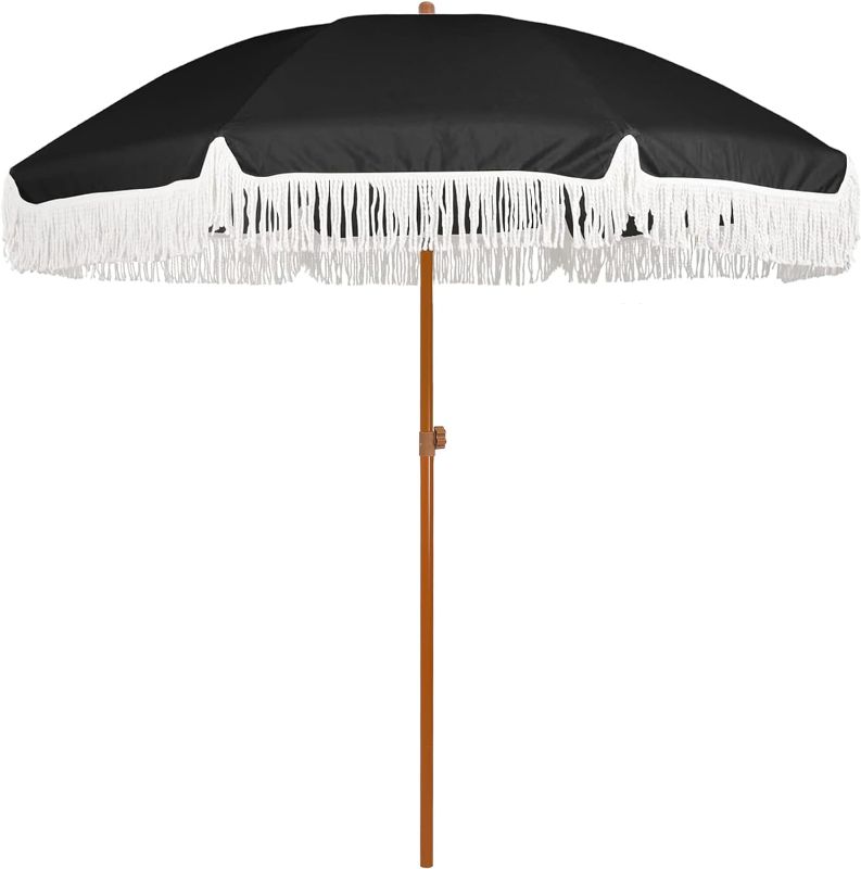 Photo 1 of AMMSUN 7ft Patio Umbrella with Fringe Outdoor Tassel Umbrella UPF50+ Premium Steel Pole and Ribs Push Button Tilt, White Cream
