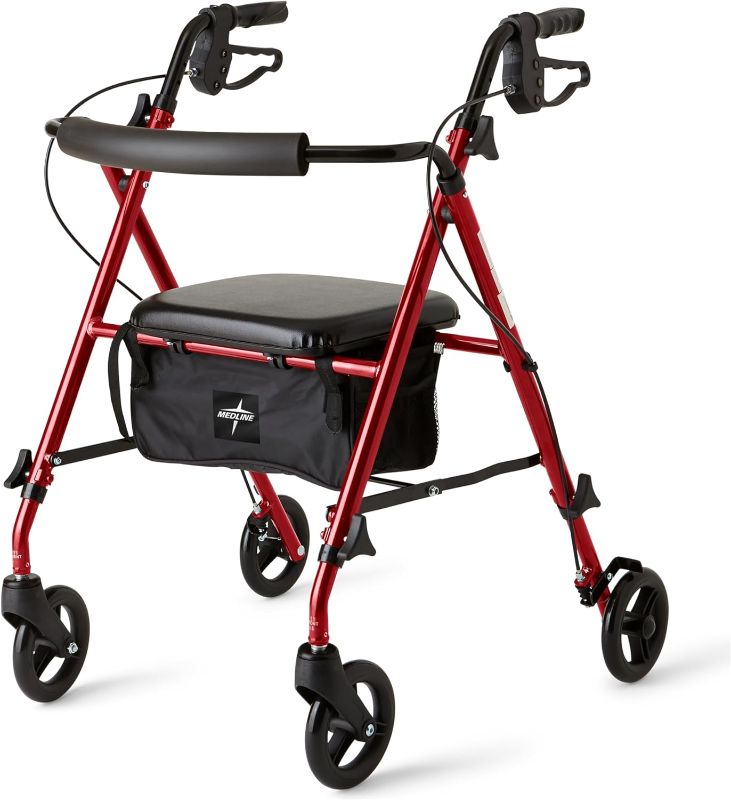 Photo 1 of Medline Superlight Folding Aluminum Mobility Rollator Walker, Red, 250 lb. Weight Capacity, 6" Wheels, Adjustable Arms and Seat, Foldable Rolling Walker for Seniors
