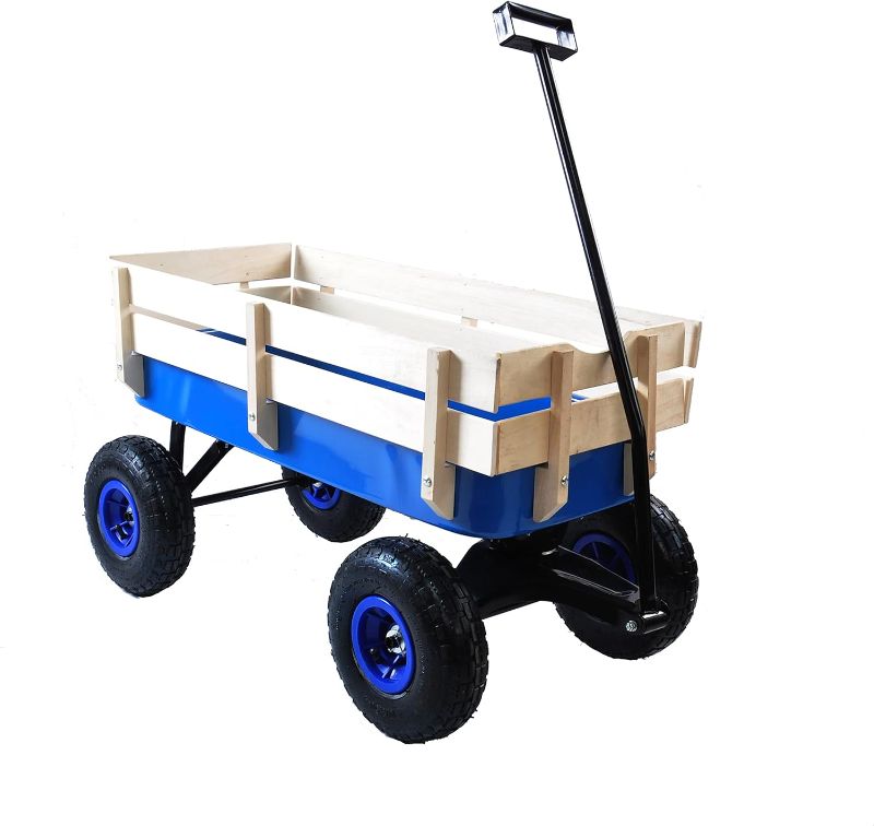 Photo 1 of ZeHuoGe Outdoor Sport Wagon All Terrain Pulling w/Removable Wooden Side Panels Air Tires Big Foot Panel Wagon,Sturdy All Steel Wagon Bed, Pull-Along Wagons (Blue)
