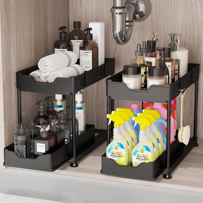 Photo 1 of 2 Pack Under Sink Organizers - 2 Tier Bathroom Organizers - Bathroom and Kitchen Under Sink Organizer with Hooks the Bottom Can Be Pulled Out - Black
