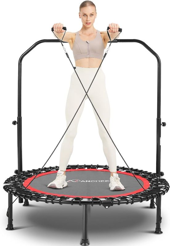 Photo 1 of ANCHEER 40" Foldable Mini Trampoline for Adults - Max Load 450LBS Small Fitness Bungee Rebounder with 4 Level Adjustable Foam Handle Bar, for Indoor Exercise Workout in Home, Gym and Garden
