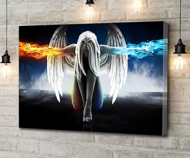 Photo 1 of Canvas Wall Art Angel Girl Wings Ice And Fire Poster Digital Printed Wall Art Painting Print Wall Art Modern Home Art Decoration Stretched And Framed Ready To Hang 12"X18"

