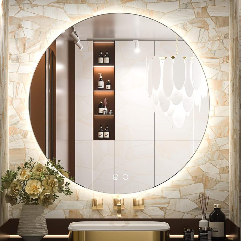 Photo 1 of Keonjinn 28 Inch Round LED Mirror for Bathroom Backlit 3 Color Lights, UL Listed LED Driver, Circle Vanity Mirror Anti-Fog Round Lighted Bathroom Mirror Wall Mounted Dimmable Illuminated Makeup Mirror
