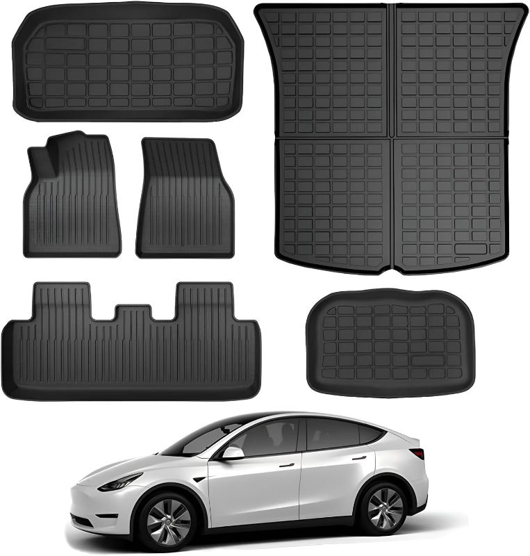 Photo 1 of KIKIMO Floor Mats for Tesla Model Y 5-Seater 2020-2023 2024, All-Weather Cargo Liner Floor Mats for Tesla Model Y Accessories, Custom Fit Waterproof Anti-Slip Front Rear Cargo Liner Mat Full Set
