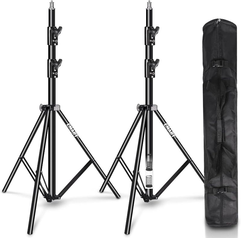 Photo 1 of EMART Heavy Duty Light Stand 8.5ft, Spring Cushioned, Aluminum Alloy Construction, Photo Video Studio Tripod Stand with Carrying Bag for Photography Lighting, Softbox, Flash (2 Pack)

