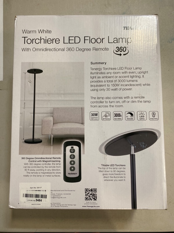 Photo 2 of Tenergy Modern Torchiere Floor Lamp, 3000L LED, 30W, Remote Control, Touch Dimmer, 90° Adjustable, Warm White
