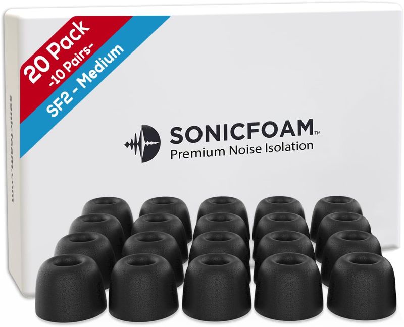 Photo 1 of Memory Foam Earbud Tips - Premium Noise Isolation, Replacement Foam Earphone Tips, 20 Pack for in Ear Headphone Earbuds (SF2 Medium, Black)

