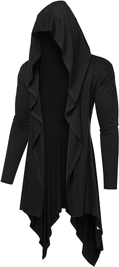 Photo 1 of {M} Mens COOFANDY Long Hooded Cardigan Ruffle Shawl Collar Open Front Lightweight Drape Cape Overcoat with Pockets
